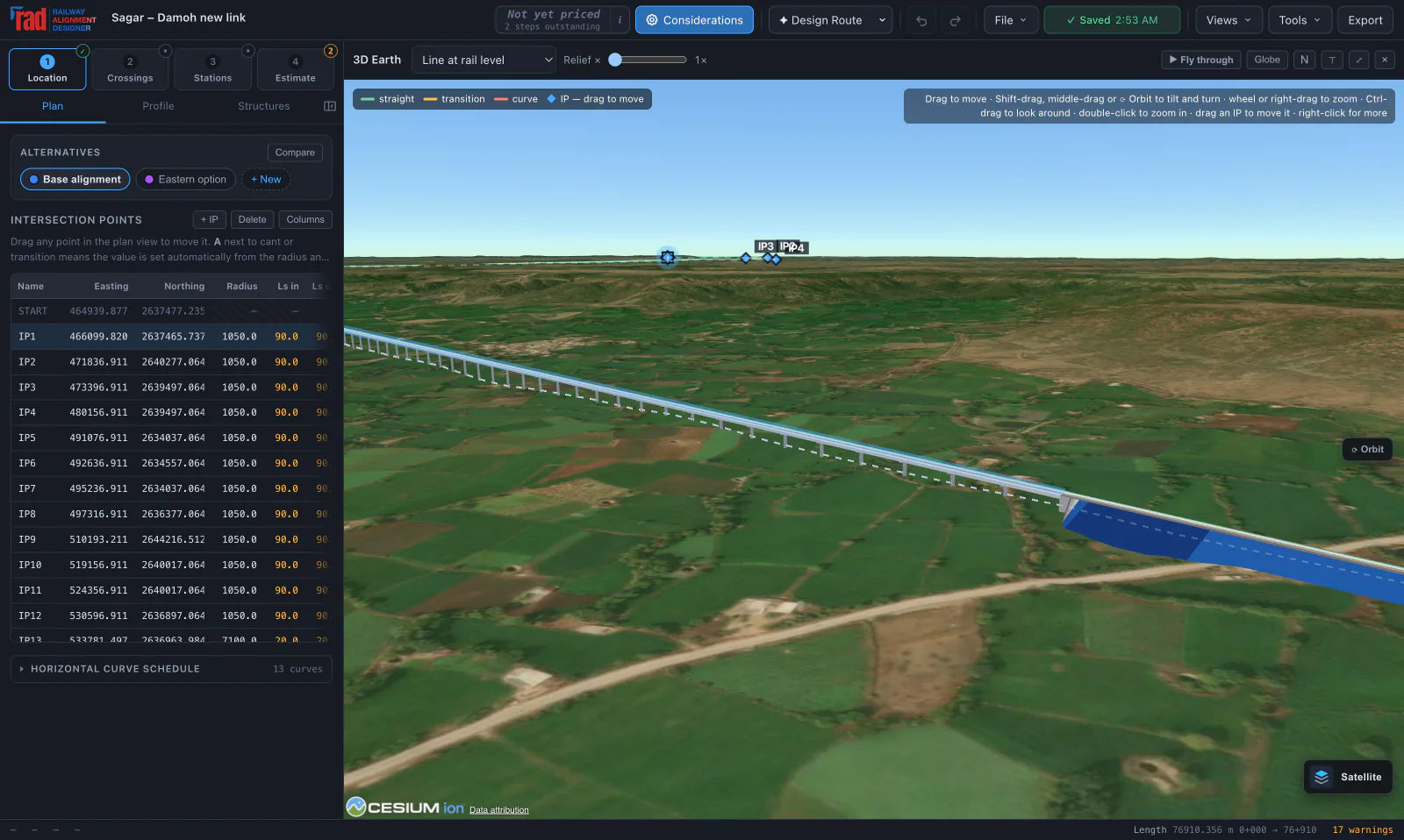 Actual 3D Earth view of the Sagar to Damoh study over satellite imagery: the 3,080 m viaduct on its piers runs back across the farmland from the abutment where a high embankment, coloured by the height of its fill, begins