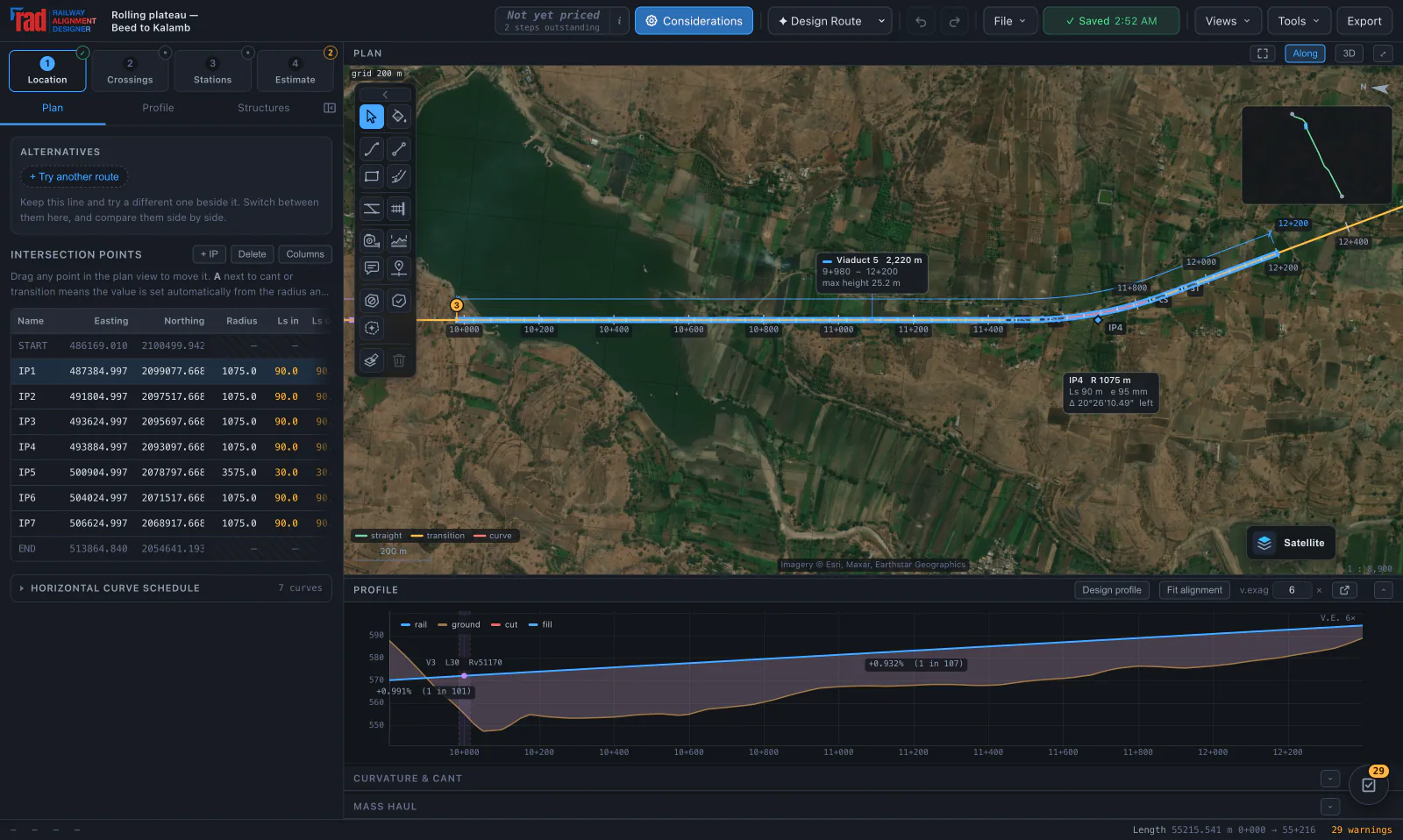 Actual designer with the Beed to Kalamb plan over satellite imagery, turned along the line above its profile: chainages aligned with the profile, a 2,220 m viaduct across a reservoir, IP4’s curve box and the overview of the whole line
