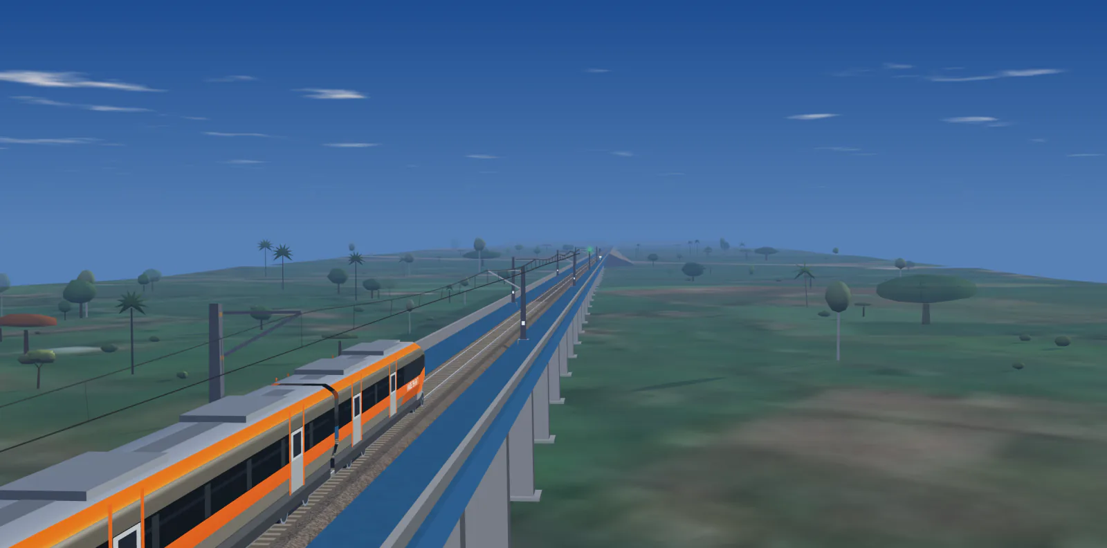 Actual cab ride in chase view on a clear morning: an electric train crosses the Sagar to Damoh viaduct on its piers, over the satellite picture of the plateau