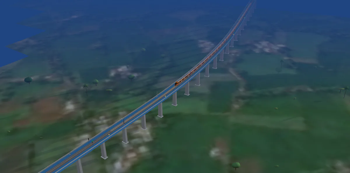 Actual orbit view at evening: the train on the 3,080 m viaduct, curving across the satellite picture of the plateau