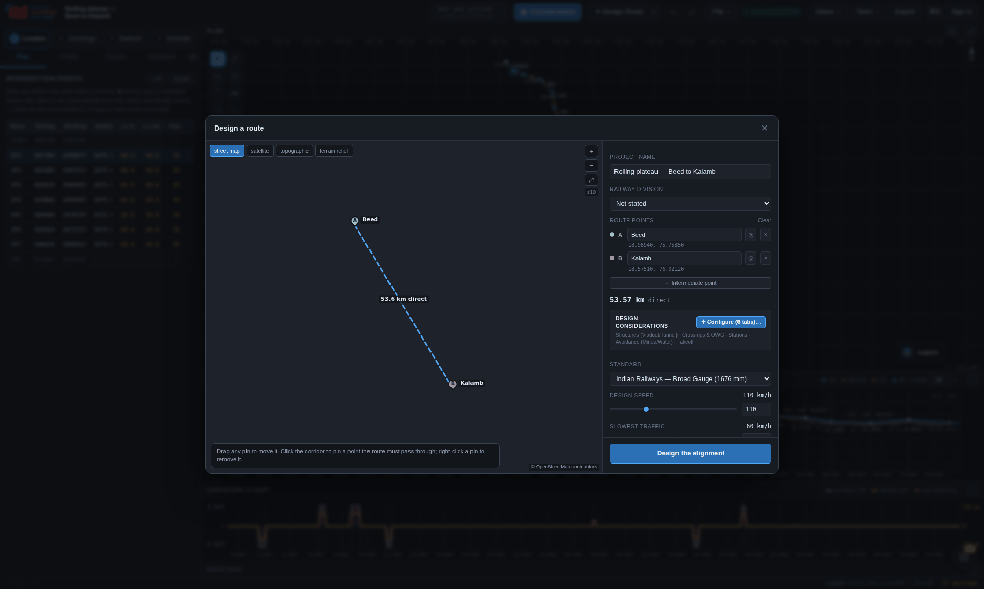 The Design a route wizard: map with A and B pins on the left, route settings on the right