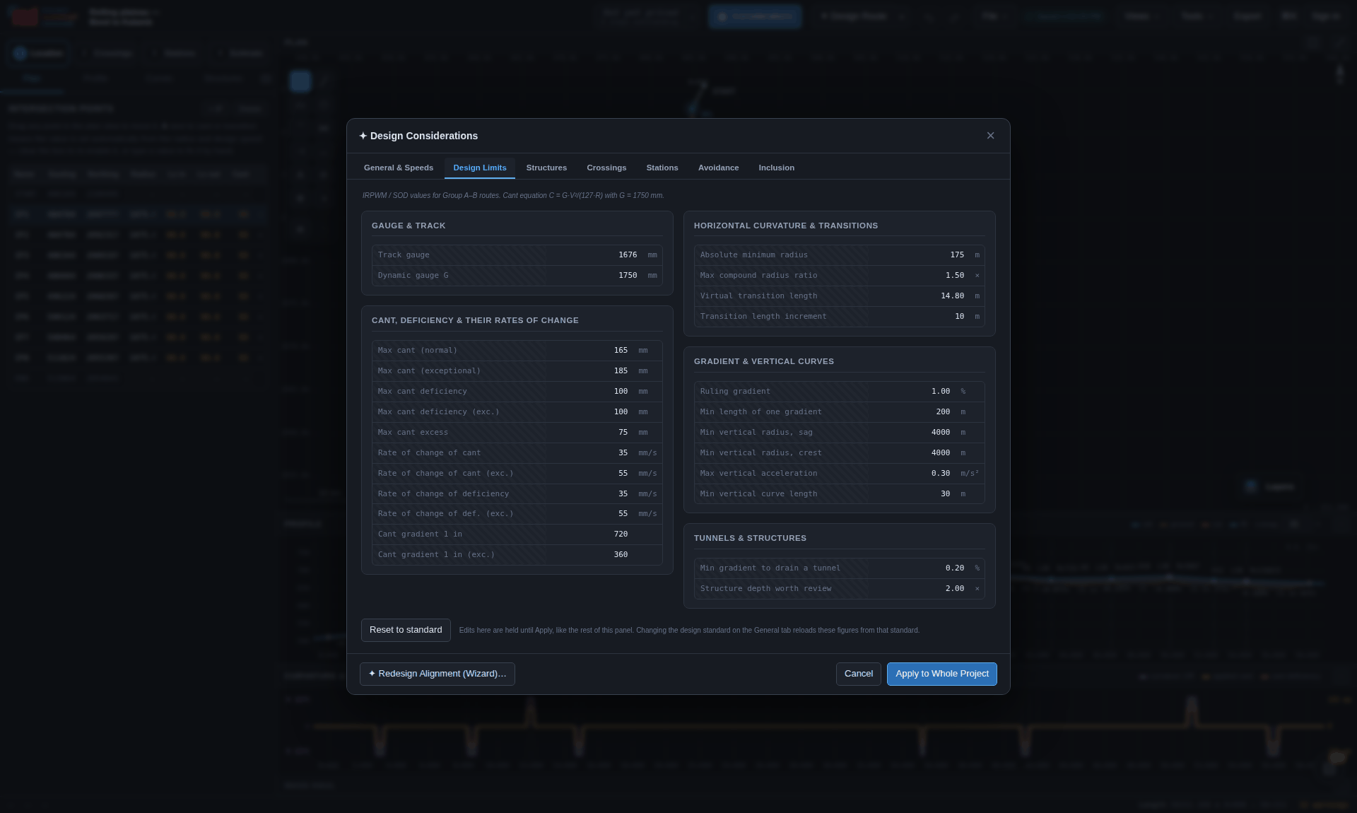 The Design Limits tab of the considerations console
