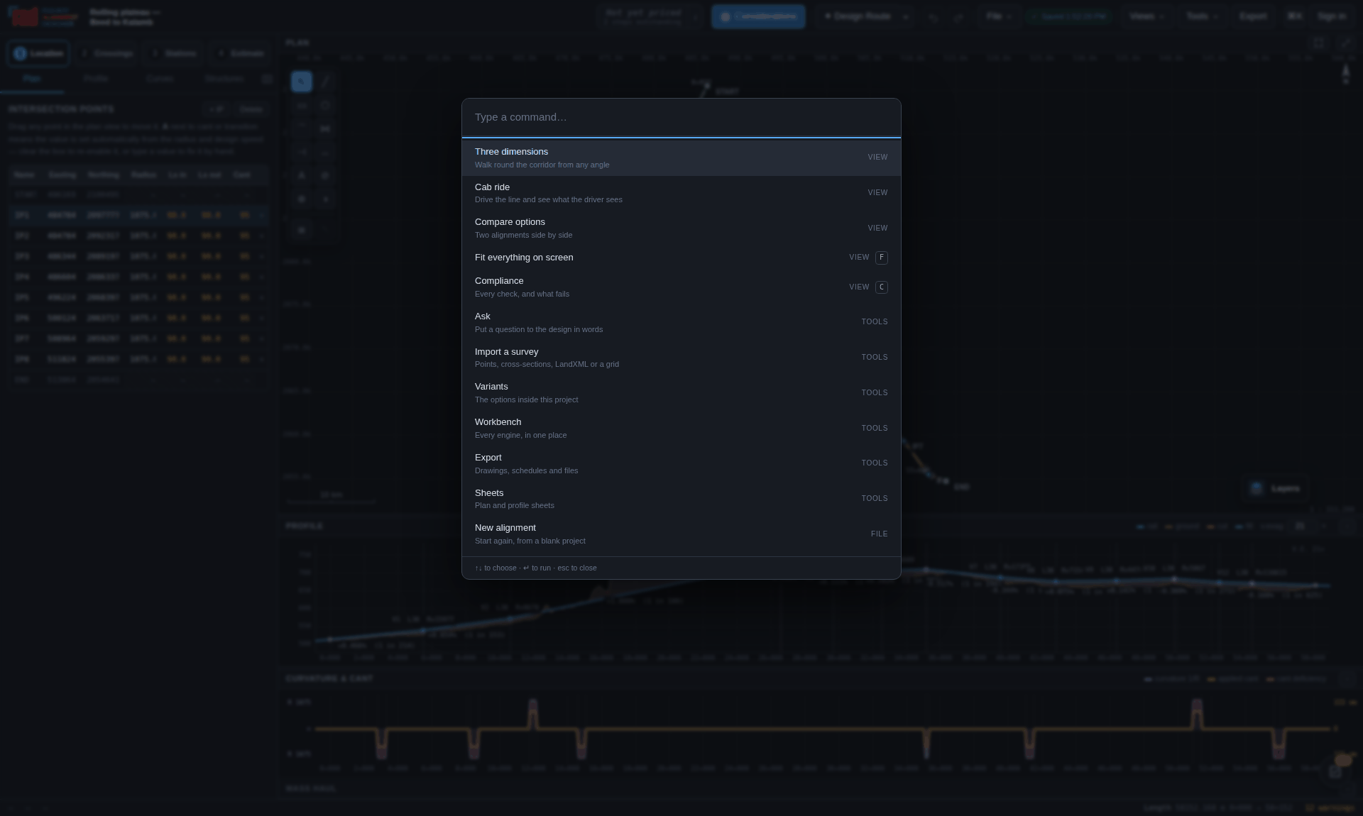 The command palette open over the workspace