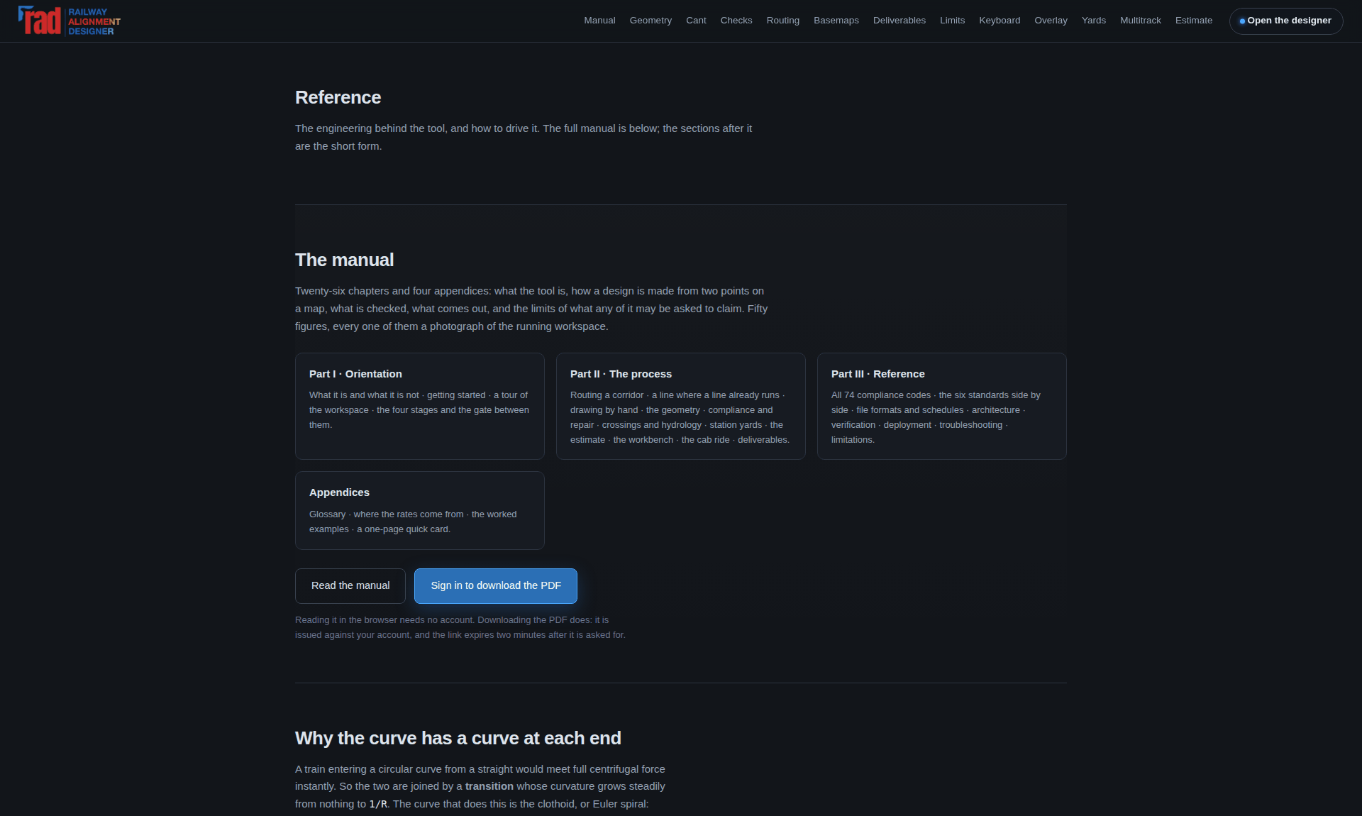 The Reference page on the site, with the manual section and its download