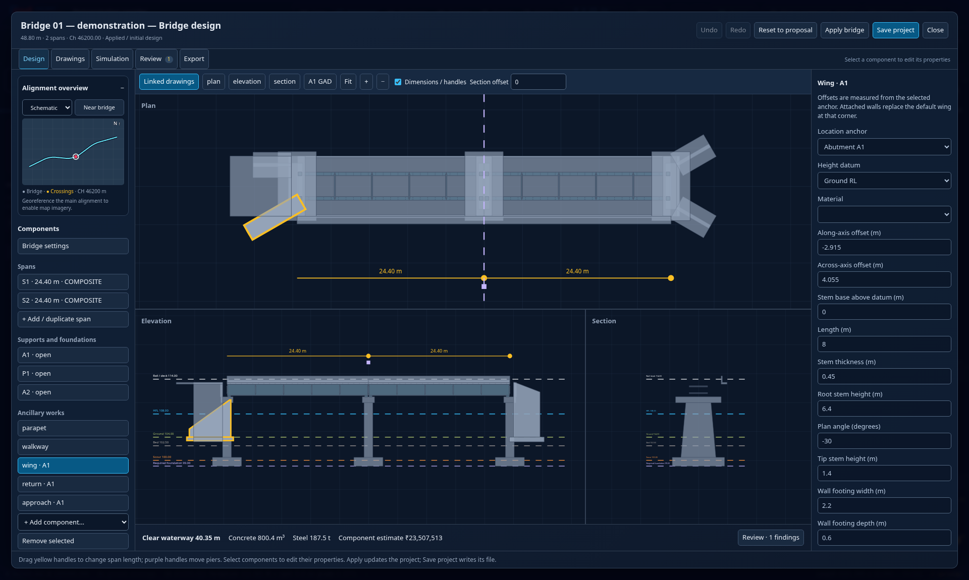 Bridge workspace with linked plan, elevation and section and the selected wing wall dimensions