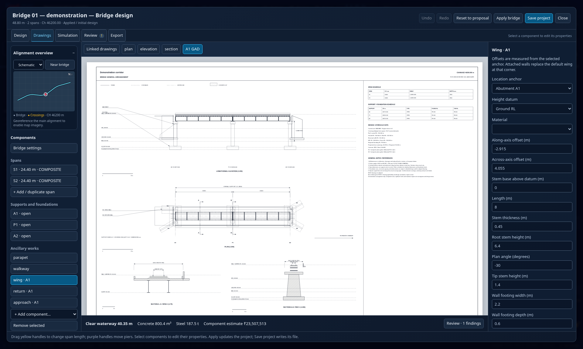 A1 general arrangement preview with plan, elevation, sections and schedules