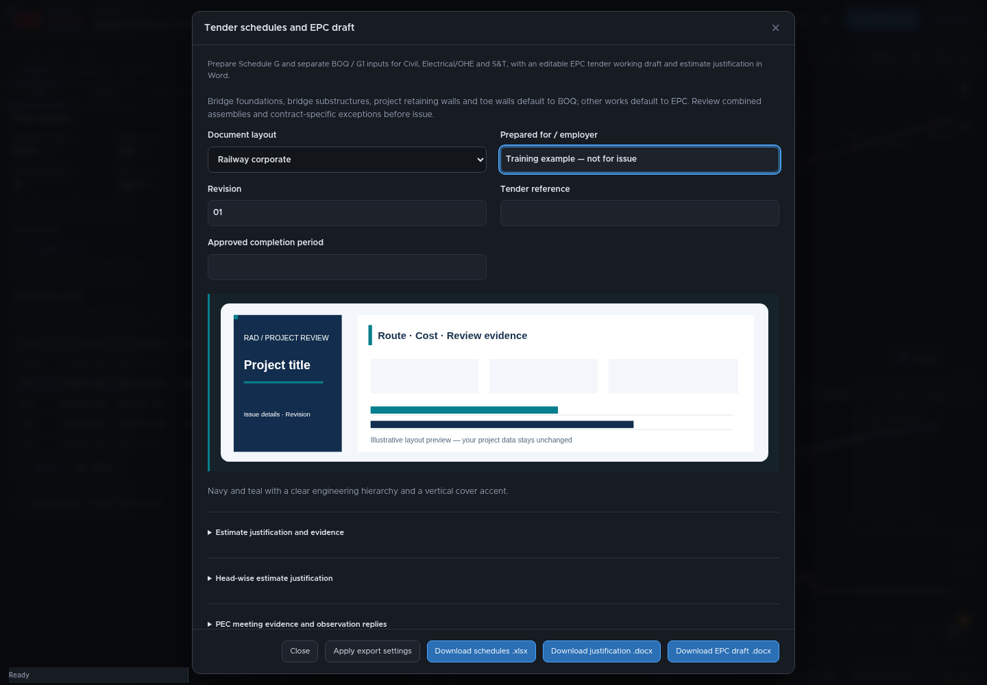 Tender export dialog with employer, revision, tender reference, shared justification settings and Excel and Word download buttons