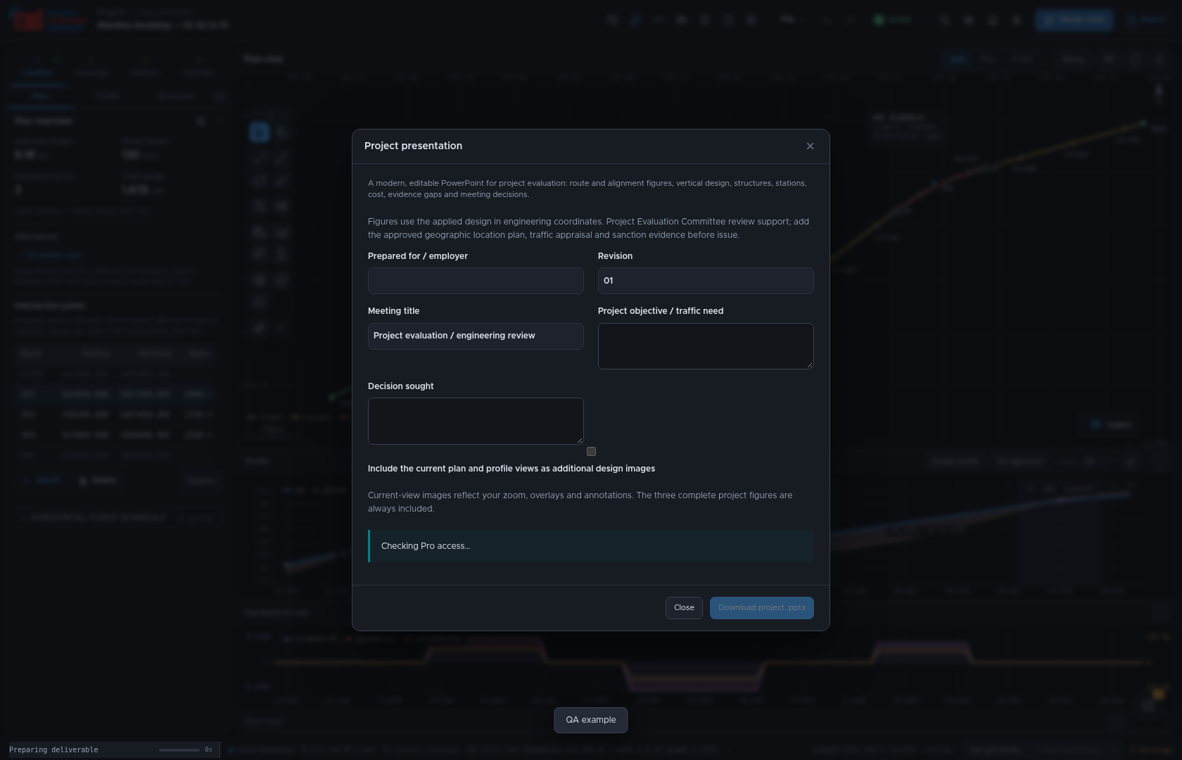 Actual project presentation export showing preparation fields, current operation status and the bottom-left progress indicator