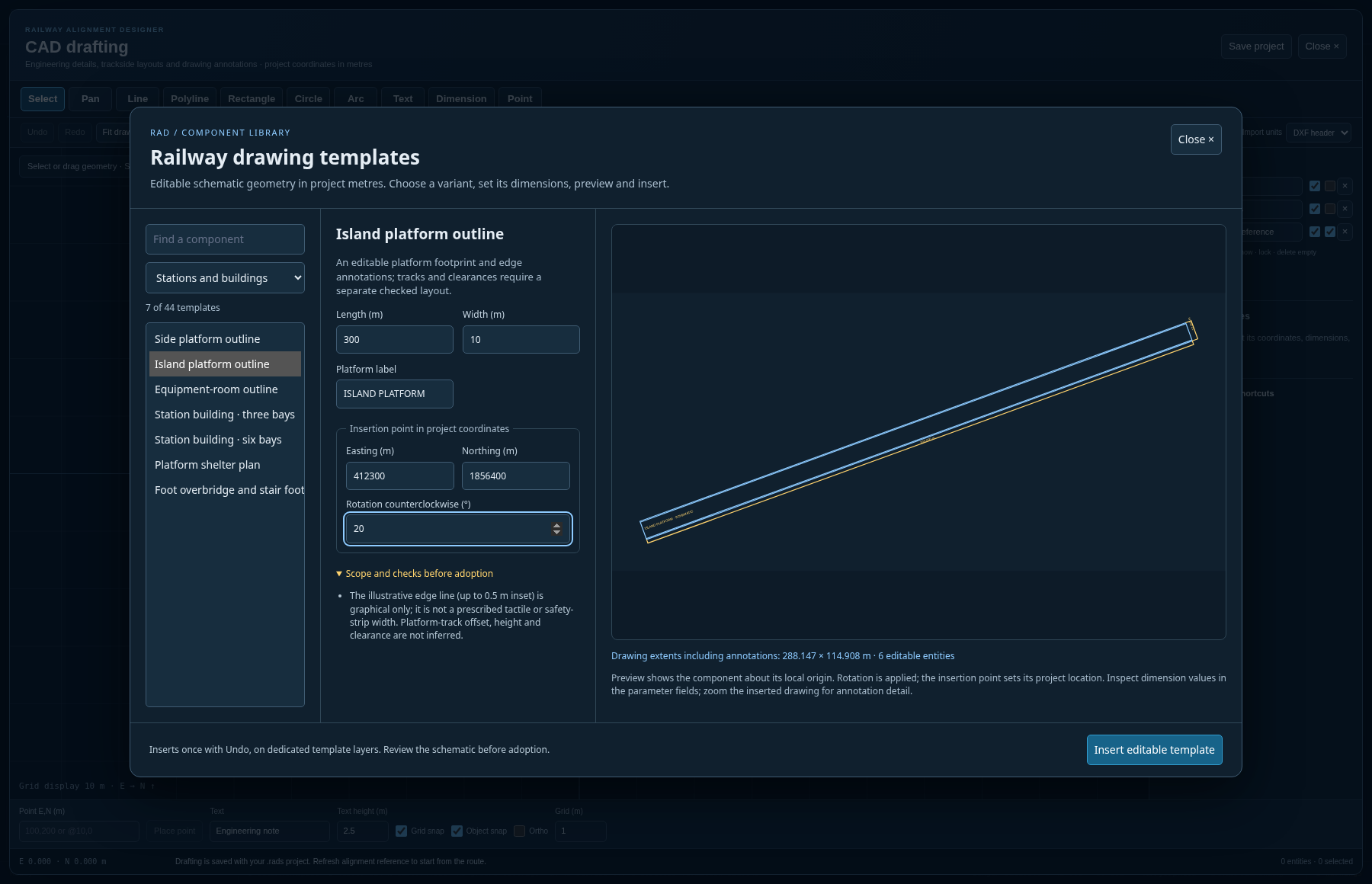 Railway drawing template library with island platform dimensions, insertion coordinates, rotation and generated preview