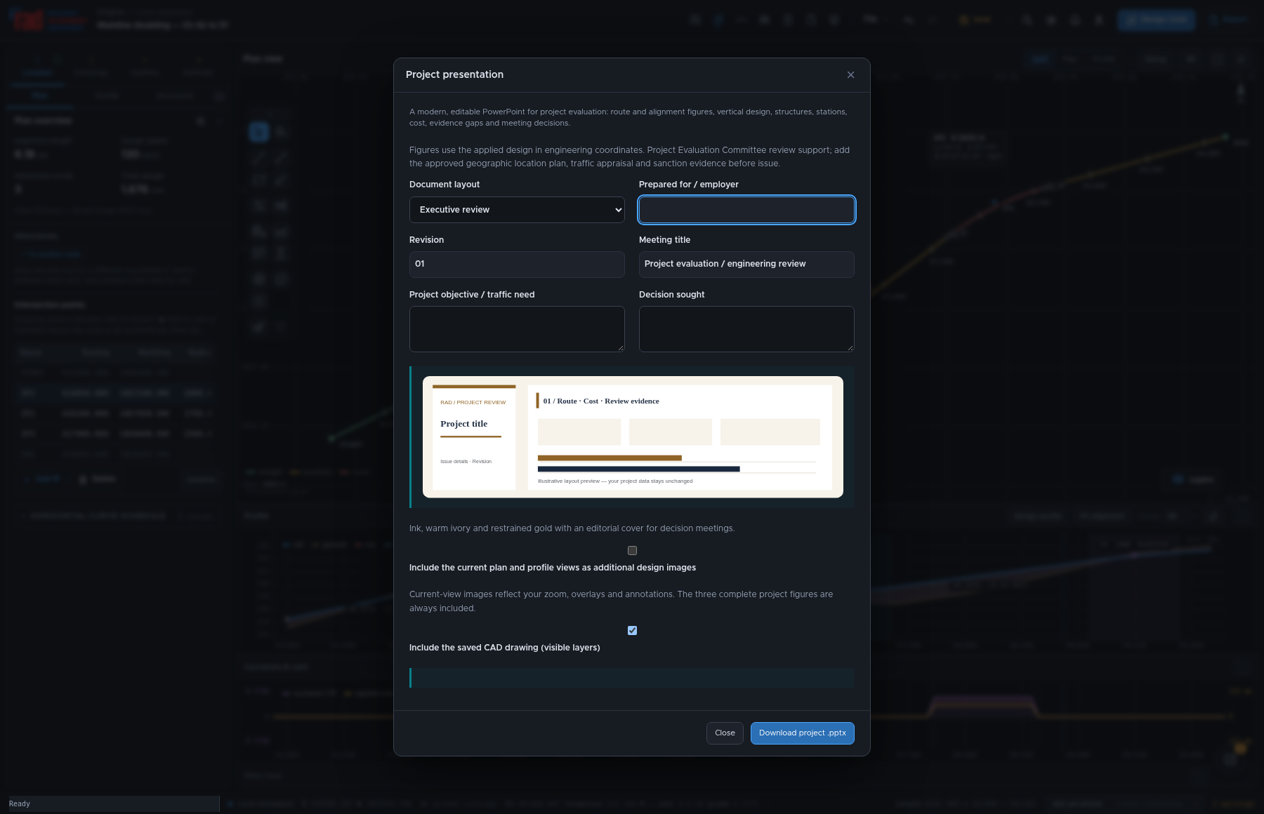Project presentation dialog with Executive review selected and a live document layout preview