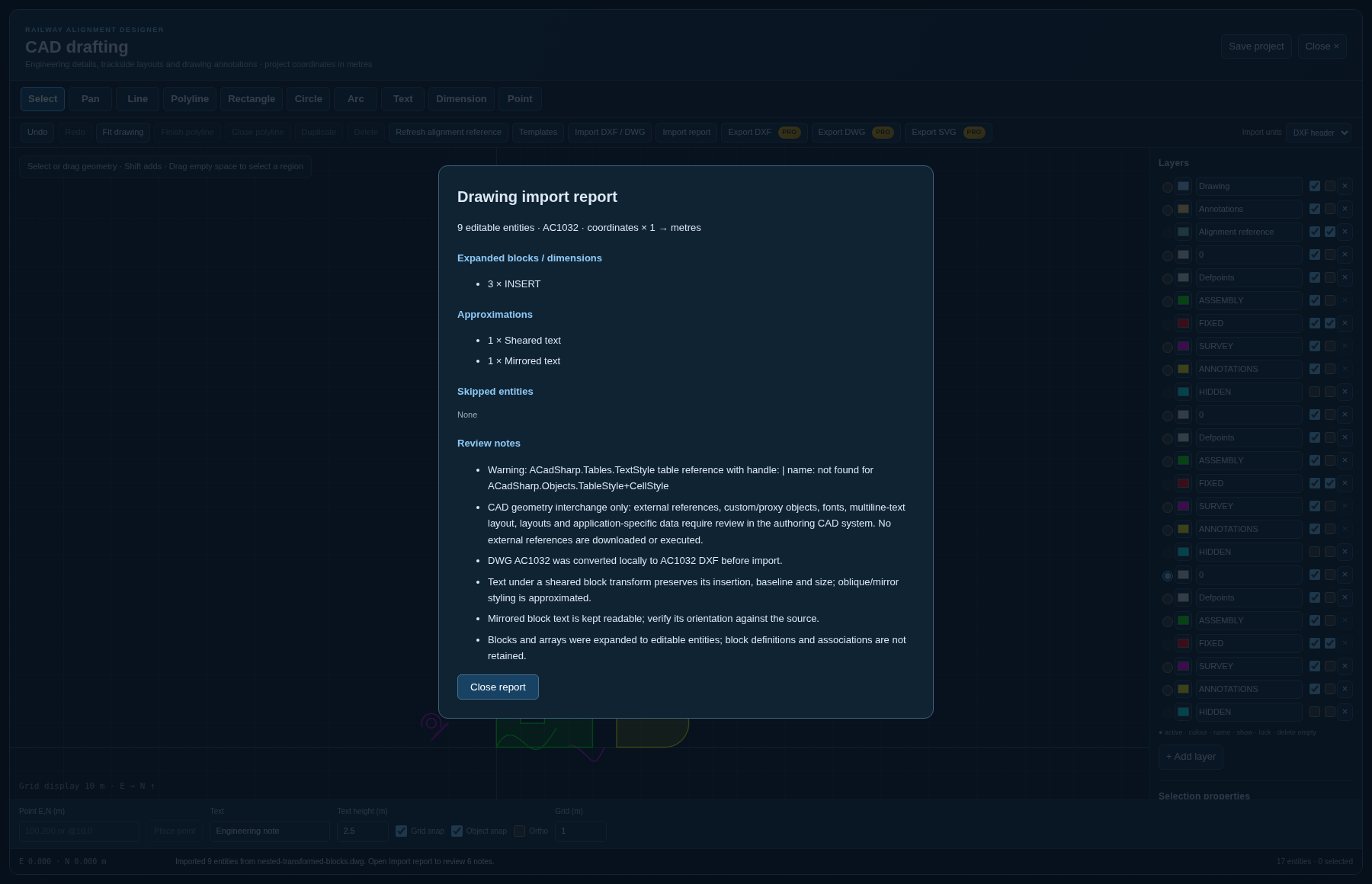 Drawing import report after local DWG conversion showing expanded block inserts, text approximations, skipped entities and conversion review notes