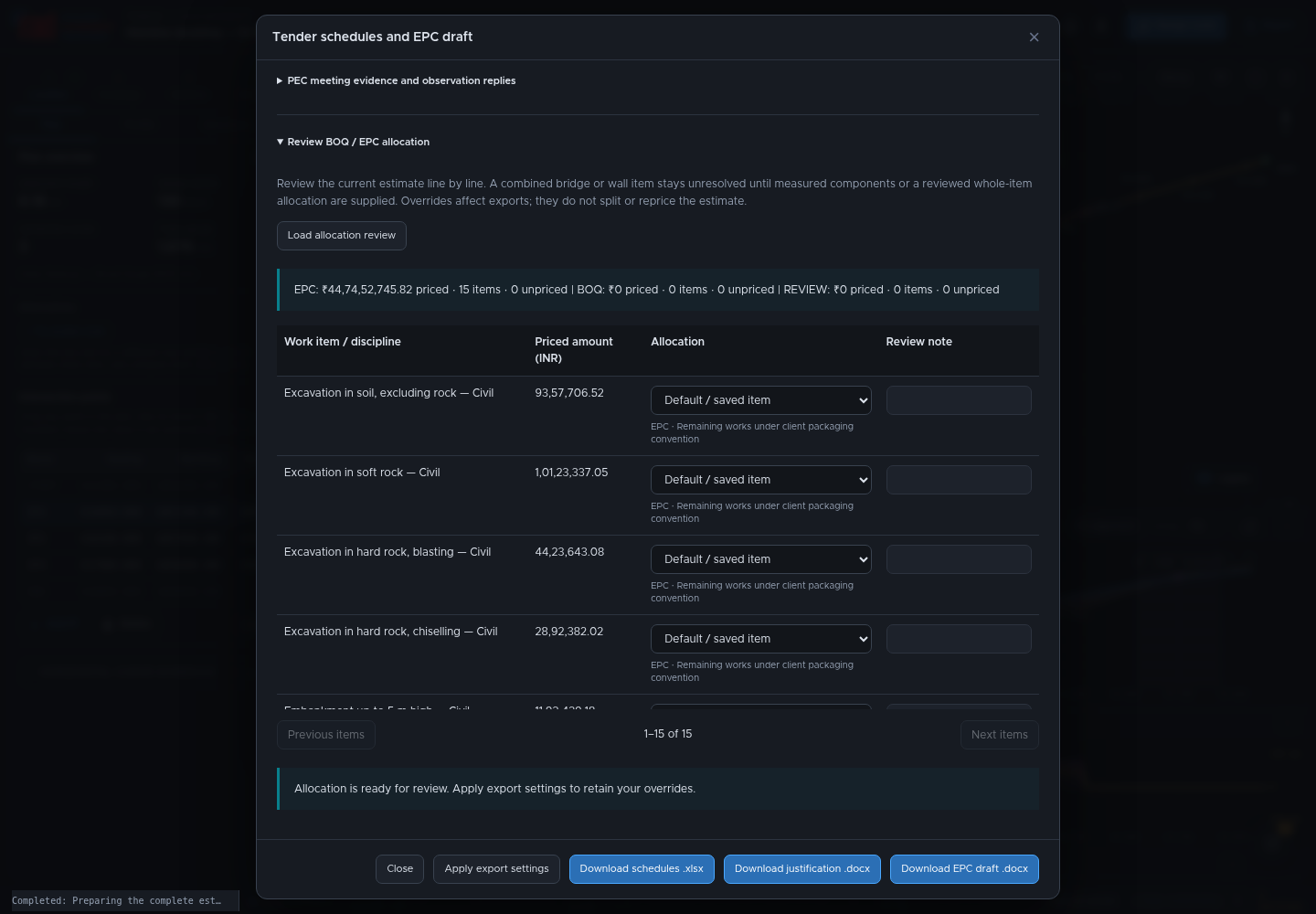 BOQ and EPC review panel with priced subtotals, per-item allocation selector, review notes and Apply export settings