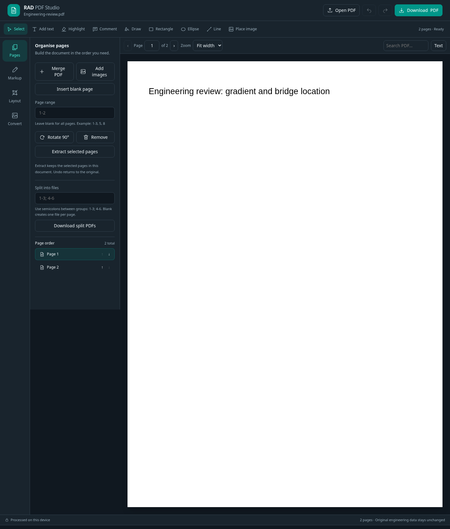RAD PDF Studio displaying a sample feasibility report with page organisation tools, annotations, search and Download PDF