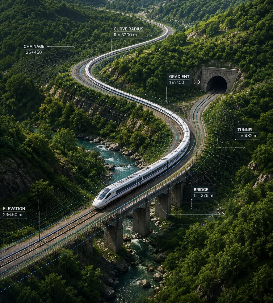 A railway carried on a viaduct through a wooded valley, with a tunnel portal beyond, annotated with chainage, curve radius, gradient and structure lengths